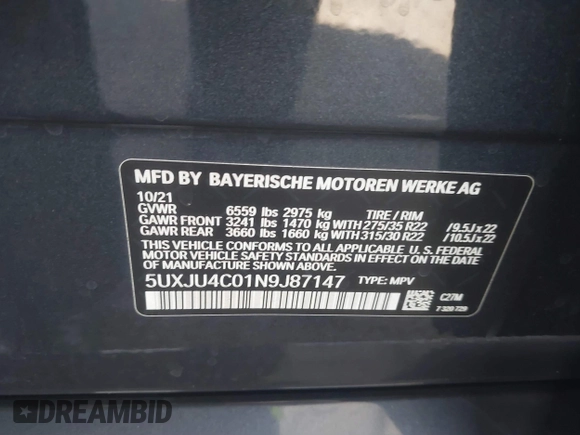 2022 BMW X5 M50i with VIN 5UXJU4C01N9J87147, listed as a IAAI auction lot 41215795 with 47,768 mi miles. Bid and sale history available at carsss.com. Image 9.