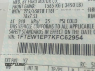 2019 Ford F-150 XL with VIN 1FTEW1EP7KFC62954, listed as a IAAI auction lot 27603731 with 14 mi miles and . Bid and sale history available at DreamBid. Image 9.