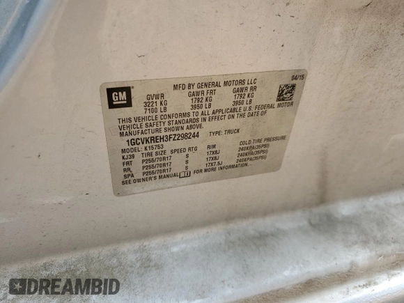 2015 Chevrolet Silverado 1500 LT with VIN 1GCVKREH3FZ298244, listed as a Copart auction lot 51909615 with 163,000 mi miles and Salvage Title. Bid and sale history available at DreamBid. Image 12.