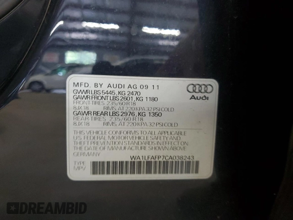 2012 Audi Q5 Premium Plus with VIN WA1LFAFP7CA038243, listed as a Copart auction lot 61832875 with 163,012 mi miles and Clean title. Bid and sale history available at DreamBid. Image 13.