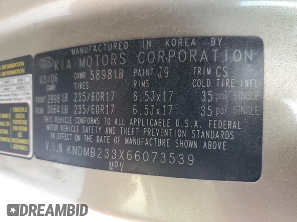 2006 Kia Sedona LX with VIN KNDMB233X66073539, listed as a Copart auction lot 50529815 with 172,896 mi miles and Salvage Title. Bid and sale history available at carsss.com. Image 13.