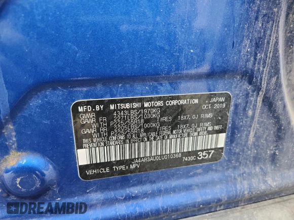 2020 Mitsubishi Outlander ES with VIN JA4AR3AU0LU010368, listed as a Copart auction lot 60640025 with 43,553 mi miles and Salvage title. Bid and sale history available at DreamBid. Image 14.