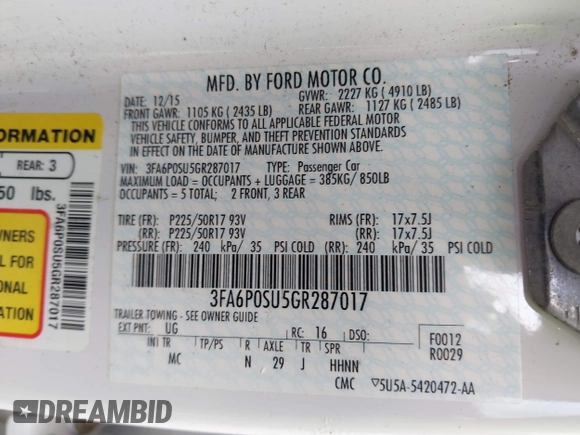 2016 Ford Fusion Titanium with VIN 3FA6P0SU5GR287017, listed as a IAAI auction lot 42316622 with 97,000 mi miles and . Bid and sale history available at DreamBid. Image 9.