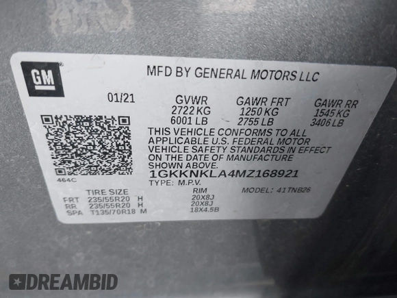 2021 GMC Acadia SLE with VIN 1GKKNKLA4MZ168921, listed as a IAAI auction lot 41562602 with 26,370 mi miles and . Bid and sale history available at DreamBid. Image 9.