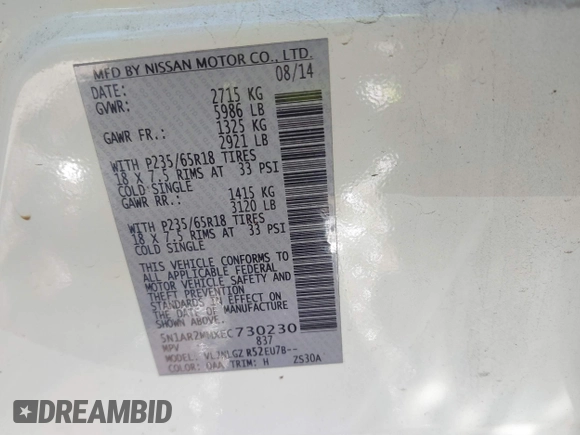 2014 Nissan Pathfinder Platinum with VIN 5N1AR2MMXEC730230, listed as a IAAI auction lot 41400120 with 190,980 mi miles and . Bid and sale history available at DreamBid. Image 9.