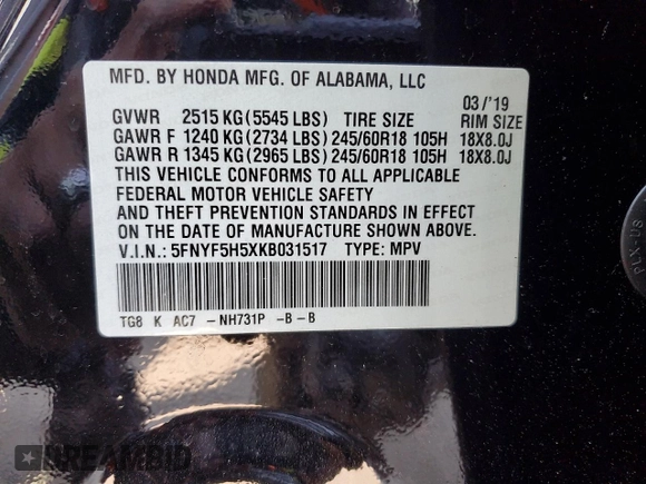2019 Honda Pilot EX-L with VIN 5FNYF5H5XKB031517, listed as a Copart auction lot 59430655 with 64,929 mi miles and Salvage title. Bid and sale history available at DreamBid. Image 14.