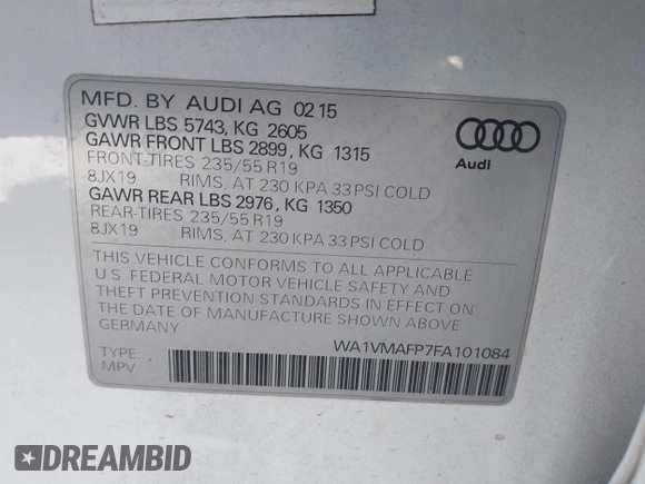 2015 Audi Q5 Prestige with VIN WA1VMAFP7FA101084, listed as a IAAI auction lot 42512810 with 140,000 mi miles and . Bid and sale history available at DreamBid. Image 9.