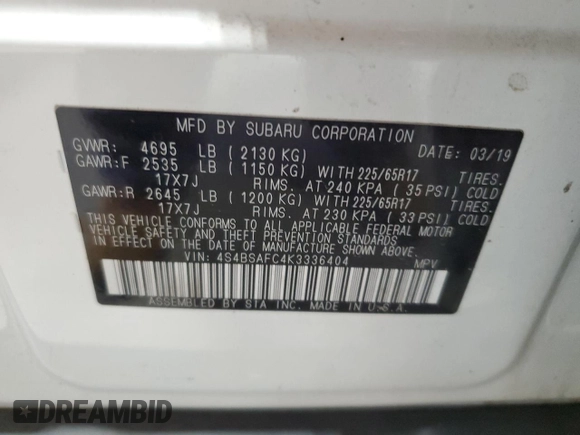 2019 Subaru Outback Premium with VIN 4S4BSAFC4K3336404, listed as a Copart auction lot 62237575 with 95,527 mi miles and Salvage title. Bid and sale history available at DreamBid. Image 13.