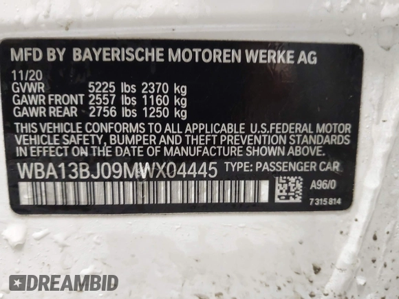 2021 BMW 5 Series 530i xDrive with VIN WBA13BJ09MWX04445, listed as a IAAI auction lot 41461330 with 40,329 mi miles and . Bid and sale history available at carsss.com. Image 9.