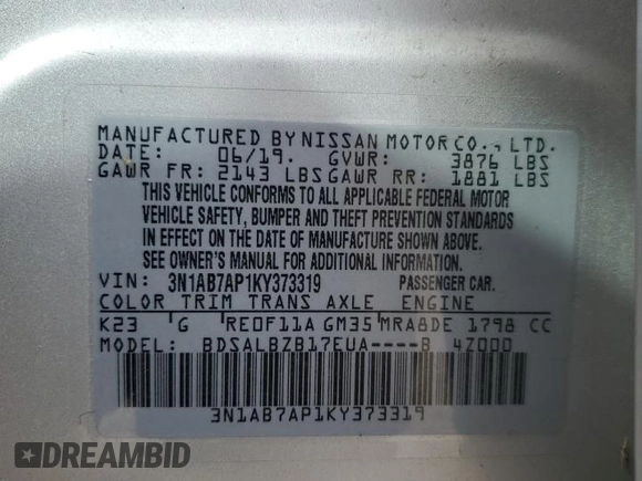 2019 Nissan Sentra SV with VIN 3N1AB7AP1KY373319, listed as a Copart auction lot 54050945 with 70,515 mi miles and Salvage Title. Bid and sale history available at DreamBid. Image 12.