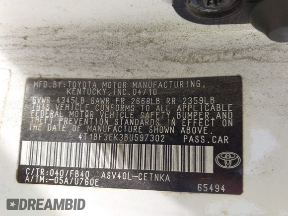 2011 Toyota Camry LE with VIN 4T1BF3EK3BU597302, listed as a IAAI auction lot 42012138 with 262,871 mi miles and . Bid and sale history available at DreamBid. Image 9.