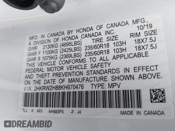 2019 Honda CR-V EX-L with VIN 2HKRW2H88KH670476, listed as a IAAI auction lot 42037439 with 36,664 mi miles and . Bid and sale history available at carsss.com. Image 9.