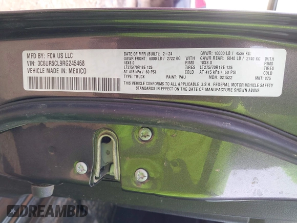 2024 Ram 2500 Tradesman с VIN 3C6UR5CL9RG245468, выставлен на аукционе IAAI как лот 42067780 с пробегом 8 311 миль миль и . История ставок и продаж доступна на DreamBid. Изображение 9.