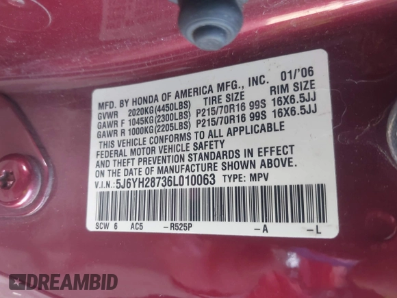 2006 Honda Element EX-P with VIN 5J6YH28736L010063, listed as a IAAI auction lot 42099388 with 204,271 mi miles and . Bid and sale history available at DreamBid. Image 9.