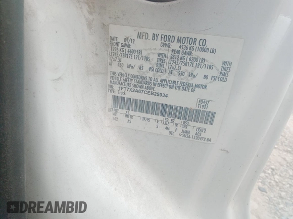 2012 Ford F-250 XL с VIN 1FT7X2A67CEB25934, выставлен на аукционе Copart как лот 58571955 с пробегом 176 223 миль миль и На запчасти • Non repairable. История ставок и продаж доступна на DreamBid. Изображение 12.
