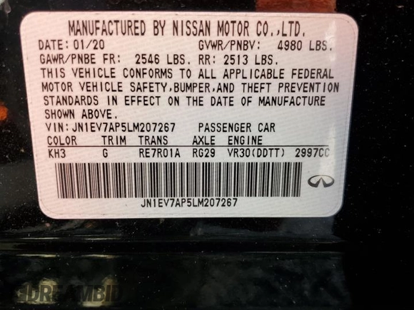 2020 Infiniti Q50 3.0t SPORT with VIN JN1EV7AP5LM207267, listed as a Copart auction lot 43167905 with 72,084 mi miles and Salvage Title. Bid and sale history available at carsss.com. Image 13.
