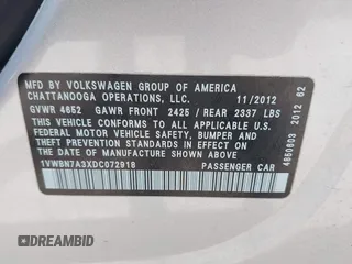 2013 Volkswagen Passat SE z VIN 1VWBN7A3XDC072918, wystawiony jako IAAI lot #42381396 z przebiegiem 180 103 mil mil oraz . Historia ofert i sprzedaży dostępna na DreamBid. Obrazek 9.