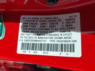 2019 Honda Civic Sedan LX with VIN 2HGFC2F6XKH537127, listed as a IAAI auction lot 41685303 with 54,749 mi miles. Bid and sale history available at carsss.com. Image 9.