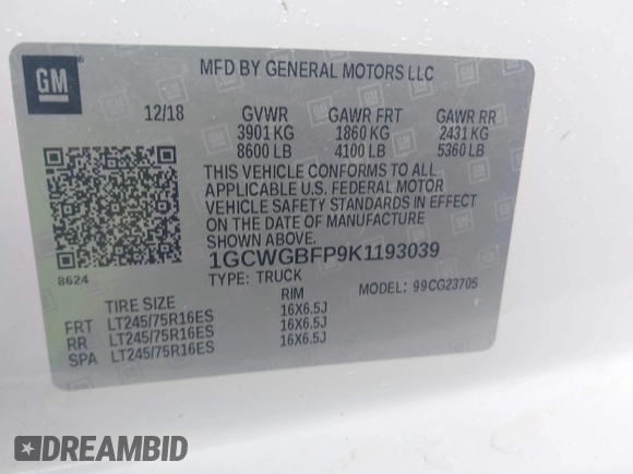 2019 Chevrolet Express Cargo with VIN 1GCWGBFP9K1193039, listed as a IAAI auction lot 42482812 with 152,787 mi miles and . Bid and sale history available at DreamBid. Image 9.