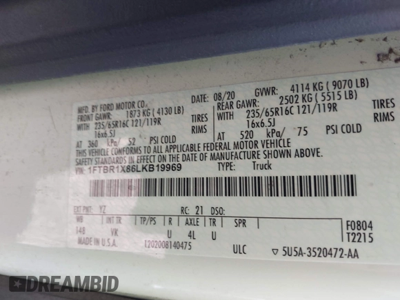 2020 Ford Transit Cargo with VIN 1FTBR1X86LKB19969, listed as a IAAI auction lot 41844157 with 182,881 mi miles and . Bid and sale history available at DreamBid. Image 9.
