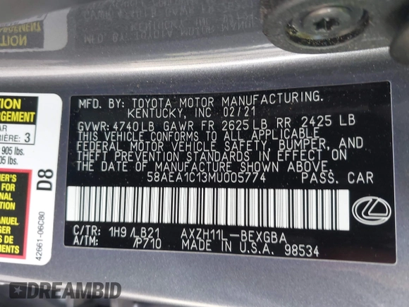 2021 Lexus ES 300h Luxury with VIN 58AEA1C13MU005774, listed as a IAAI auction lot 42115909 with 67,108 mi miles and . Bid and sale history available at DreamBid. Image 9.