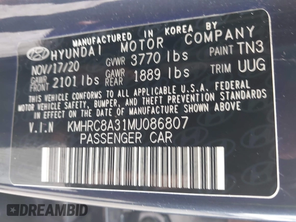 2021 Hyundai Venue SEL with VIN KMHRC8A31MU086807, listed as a IAAI auction lot 41457034 with 61,109 mi miles and . Bid and sale history available at DreamBid. Image 9.