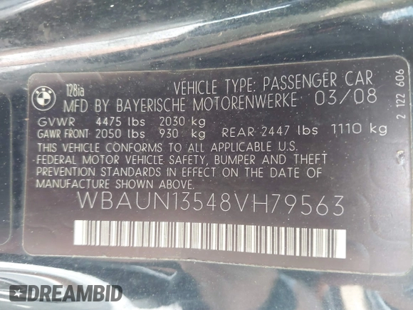 2008 BMW 1 Series 128i with VIN WBAUN13548VH79563, listed as a IAAI auction lot 42186957 with 154,400 mi miles and . Bid and sale history available at carsss.com. Image 9.