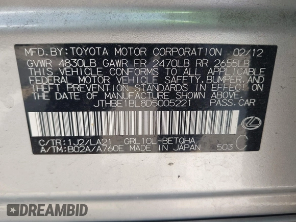 2013 Lexus GS 350 with VIN JTHBE1BL8D5005221, listed as a IAAI auction lot 42559557 with 95,385 mi miles and . Bid and sale history available at DreamBid. Image 9.