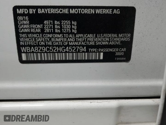 2017 BMW 3 Series 330i xDrive with VIN WBA8Z9C52HG452794, listed as a Copart auction lot 87289364 with 82,108 mi miles and Clean Title. Bid and sale history available at carsss.com. Image 12.