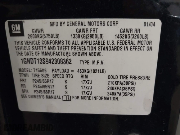 2004 Chevrolet TrailBlazer LS with VIN 1GNDT13S942308362, listed as a IAAI auction lot 41913292 with 153,458 mi miles. Bid and sale history available at carsss.com. Image 9.