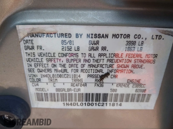 2001 Nissan Altima GXE with VIN 1N4DL01D01C211814, listed as a IAAI auction lot 39859798 with 1 mi miles. Bid and sale history available at carsss.com. Image 9.