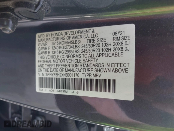 2022 Honda Pilot Special Edition with VIN 5FNYF5H2XNB001170, listed as a IAAI auction lot 41461506 with 40,122 mi miles and . Bid and sale history available at carsss.com. Image 9.