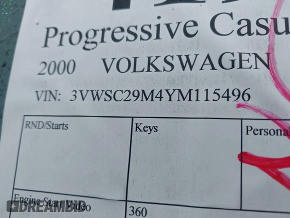 2000 Volkswagen Jetta z VIN 3VWSC29M4YM115496, wystawiony jako IAAI lot #41912780 z przebiegiem 200 439 mil mil oraz . Historia ofert i sprzedaży dostępna na DreamBid. Obrazek 9.