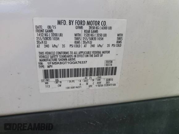 2016 Ford Explorer Sport with VIN 1FM5K8GT1GGA76337, listed as a Copart auction lot 56065885 with 155,258 mi miles and Salvage title. Bid and sale history available at DreamBid. Image 13.