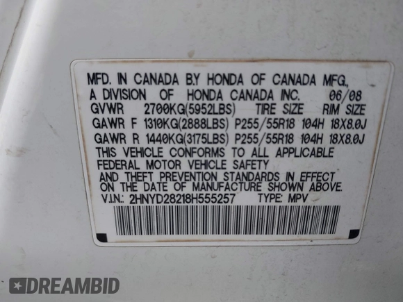 2008 Acura MDX with VIN 2HNYD28218H555257, listed as a IAAI auction lot 41560807 with Not Provided miles and . Bid and sale history available at DreamBid. Image 9.