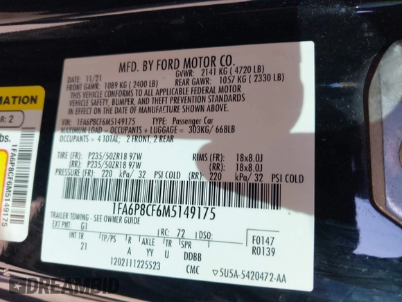 2021 Ford Mustang GT z VIN 1FA6P8CF6M5149175, wystawiony jako IAAI lot #41798328 z przebiegiem 61 776 mil mil oraz . Historia ofert i sprzedaży dostępna na DreamBid. Obrazek 9.