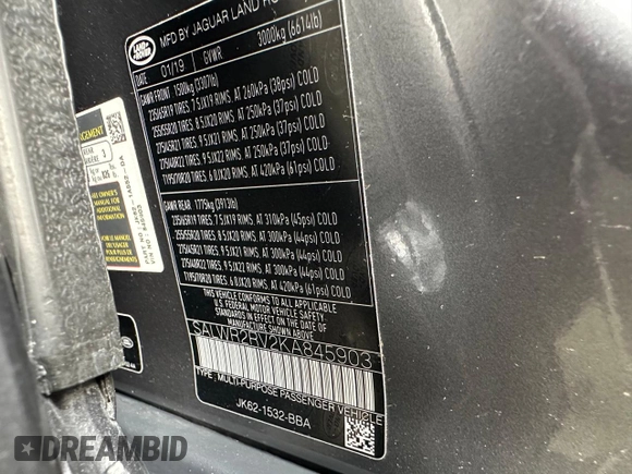 2019 Land Rover Range Rover Sport HSE with VIN SALWR2RV2KA845903, listed as a Copart auction lot 59630335 with 63,016 mi miles and Clean title. Bid and sale history available at DreamBid. Image 10.