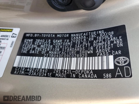 2009 Toyota Corolla with VIN 2T1BU40E09C028920, listed as a Copart auction lot 54777505 with Not Provided miles and Salvage Title. Bid and sale history available at carsss.com. Image 12.
