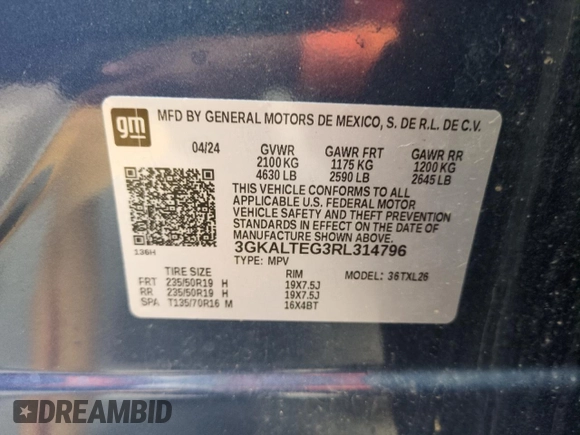 2024 GMC Terrain SLE with VIN 3GKALTEG3RL314796, listed as a Copart auction lot 58643785 with 22,617 mi miles and Salvage title. Bid and sale history available at DreamBid. Image 13.
