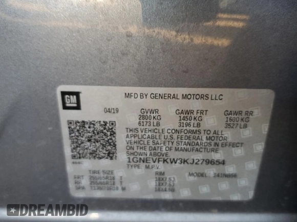 2019 Chevrolet Traverse LS with VIN 1GNEVFKW3KJ279654, listed as a Copart auction lot 46690205 with 74,212 mi miles and Salvage Title. Bid and sale history available at carsss.com. Image 13.