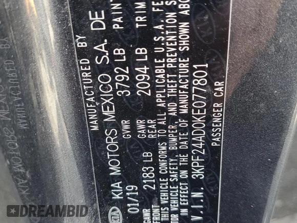2019 Kia Forte LXS with VIN 3KPF24AD0KE077801, listed as a Copart auction lot 43467685 with 274,440 mi miles and Salvage title. Bid and sale history available at DreamBid. Image 13.
