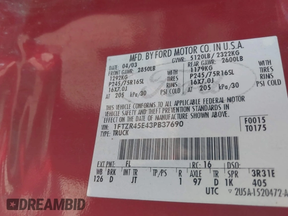2003 Ford Ranger XL Fleet with VIN 1FTZR45E43PB37690, listed as a IAAI auction lot 42547978 with 167,541 mi miles and . Bid and sale history available at DreamBid. Image 9.