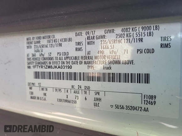 2018 Ford Transit with VIN 1FTYR1ZM8JKA03190, listed as a IAAI auction lot 42185689 with 198,628 mi miles and . Bid and sale history available at carsss.com. Image 1.