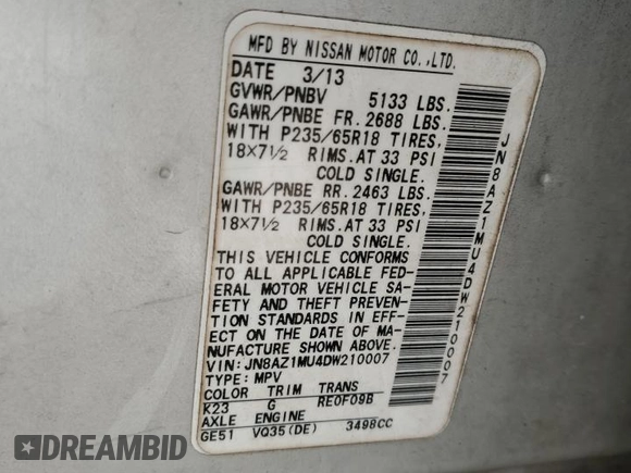 2013 Nissan Murano SL with VIN JN8AZ1MU4DW210007, listed as a Copart auction lot 47432465 with 267,484 mi miles and Clean Title. Bid and sale history available at carsss.com. Image 13.