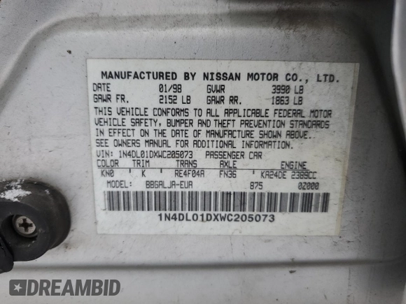 1998 Nissan Altima XE with VIN 1N4DL01DXWC205073, listed as a Copart auction lot 84305274 with 224,927 mi miles and Salvage Title. Bid and sale history available at carsss.com. Image 14.