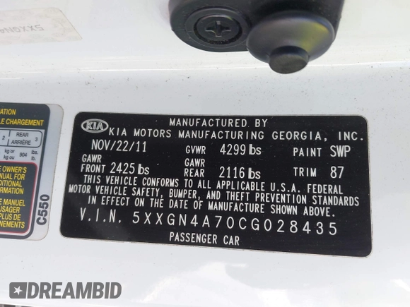 2012 Kia Optima EX with VIN 5XXGN4A70CG028435, listed as a IAAI auction lot 41640394 with 153,000 mi miles. Bid and sale history available at carsss.com. Image 9.