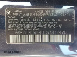 2001 BMW 5 Series 540i with VIN WBADN63481GM72490, listed as a Copart auction lot 48681505 with Not provided miles and Salvage title. Bid and sale history available at DreamBid. Image 13.
