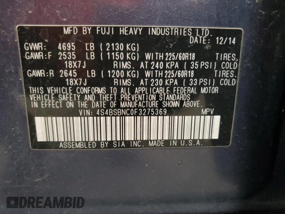 2015 Subaru Outback Limited with VIN 4S4BSBNC0F3275369, listed as a Copart auction lot 50893335 with 184,206 mi miles and Salvage Title. Bid and sale history available at DreamBid. Image 14.