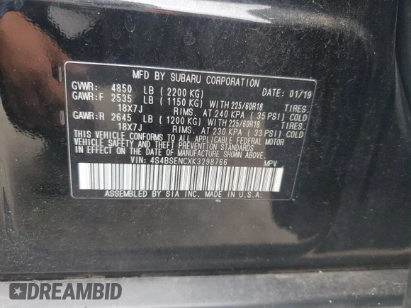2019 Subaru Outback Limited with VIN 4S4BSENCXK3298766, listed as a Copart auction lot 57145565 with 78,612 mi miles and Salvage title. Bid and sale history available at DreamBid. Image 14.
