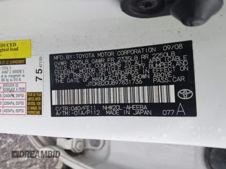 2009 Toyota Prius z VIN JTDKB20U897831736, wystawiony jako IAAI lot #42351310 z przebiegiem 355 571 mil mil oraz . Historia ofert i sprzedaży dostępna na DreamBid. Obrazek 9.